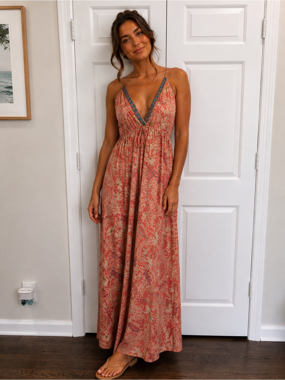 Coral Paisley Maxi Dress with V-Neck